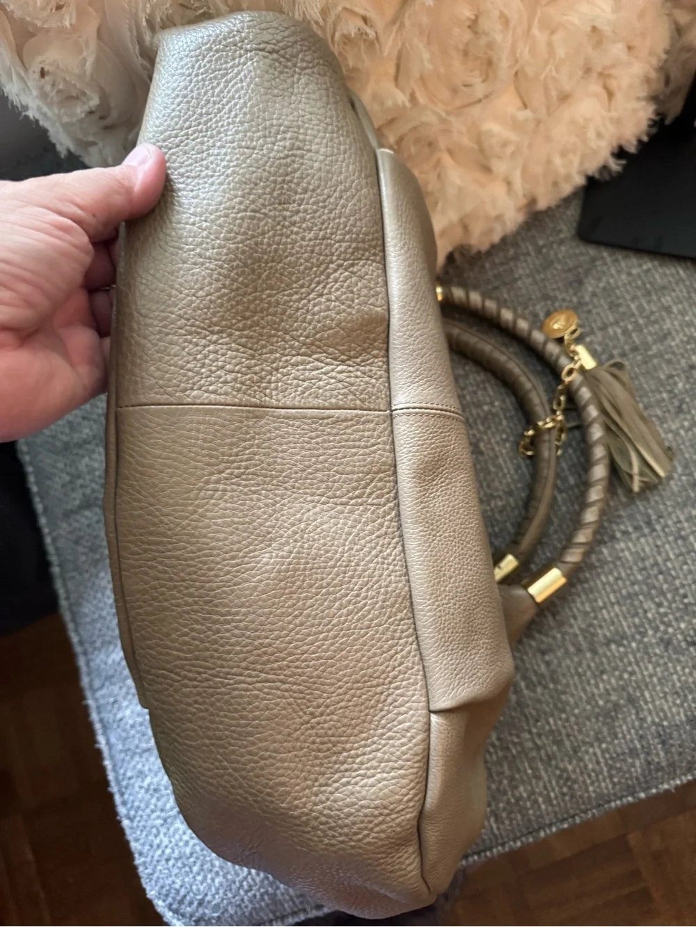 Brahmin Dreamweaver Taupe Leather Satchel with Woven Patchwork & Braided Accent
